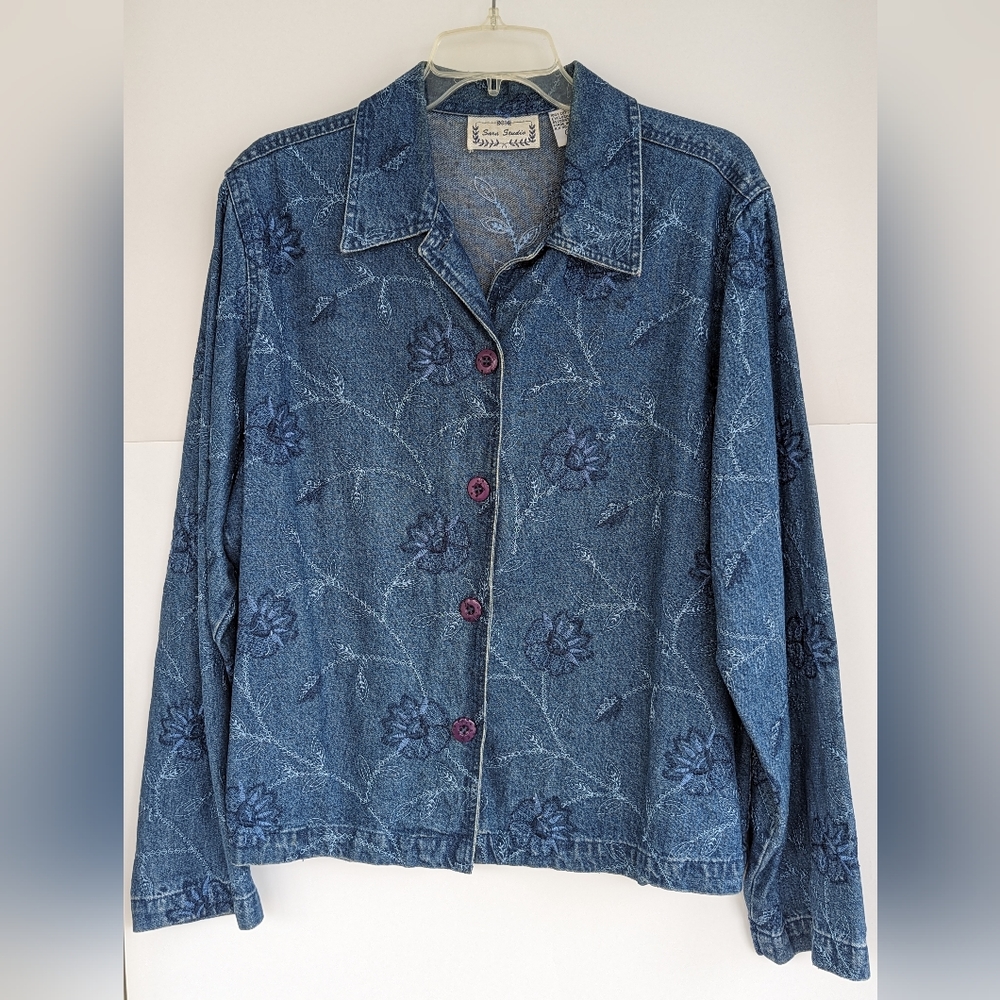 Vtg Sara Studio Denim Shirt Purple Buttons Floral Stitch Embroidered XL Womens